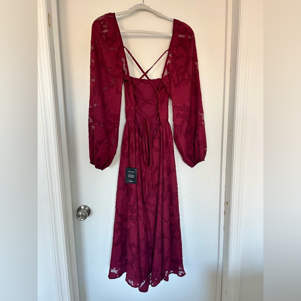 Lulus Burgundy Floral Long Sleeve Lace-Up Back Midi Dress - Picture 6 of 8